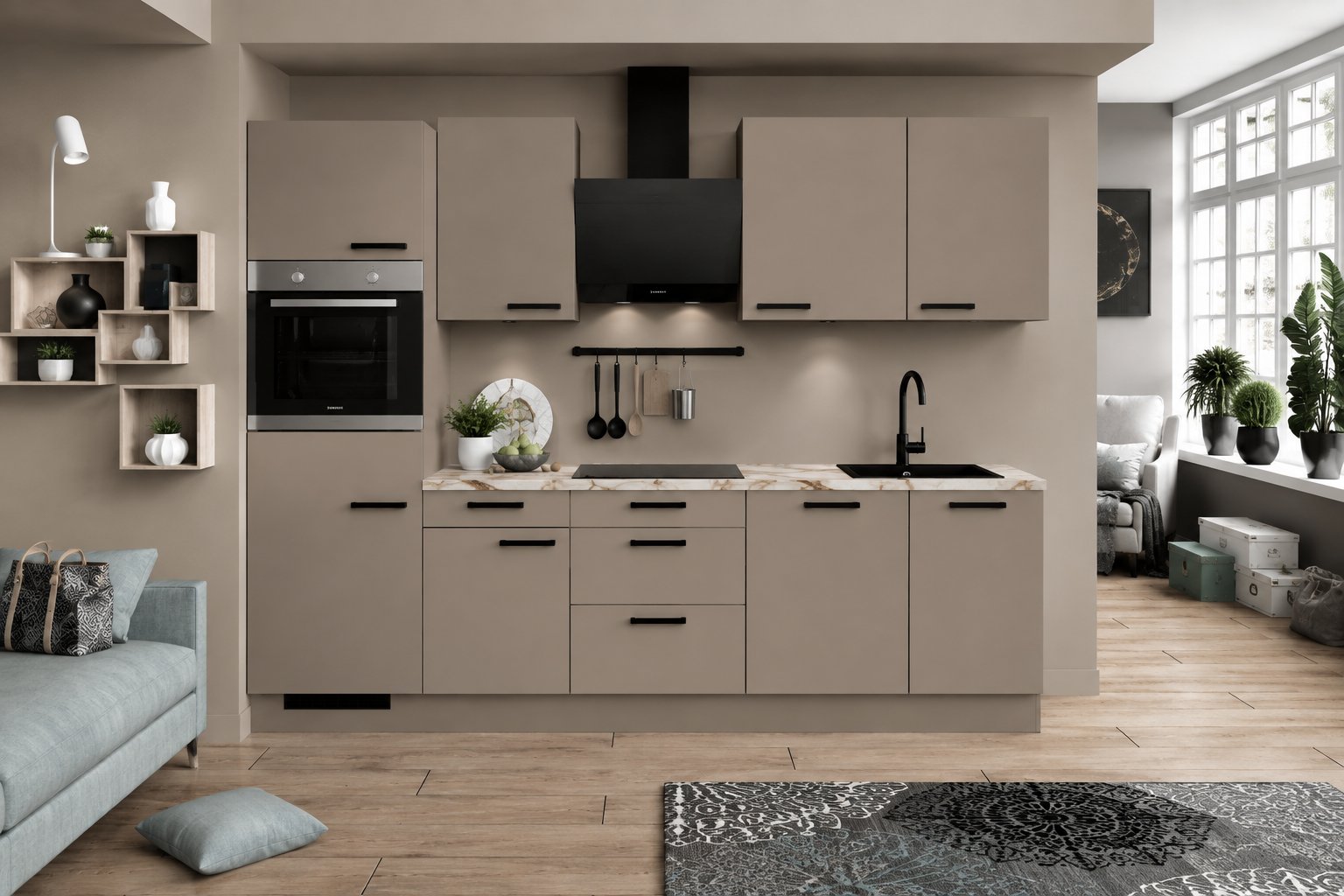Nieuwe Moderne Rechte Keuken taupe /marmerlook