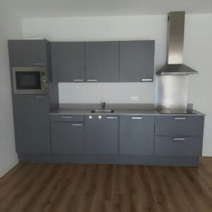 Moderne matgrijze rechte keuken+ apparatuur