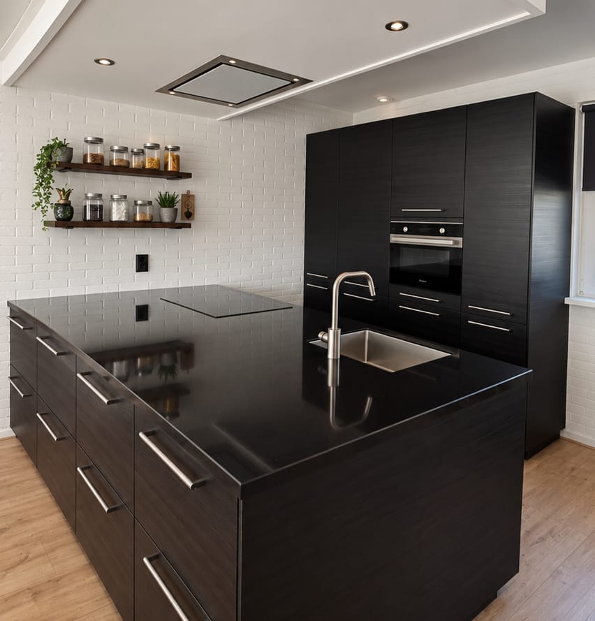 Moderne houtnerf zwarte IKEA eilandkeuken incl. inbouwapparatuur